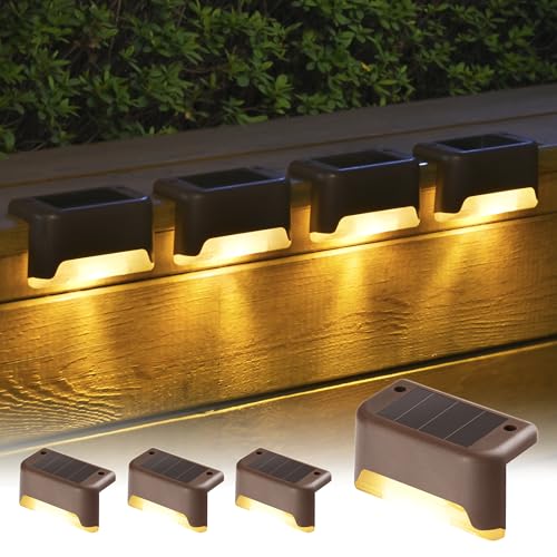 GIGALUMI Luzes solares para exteriores pack de 4, luzes para escadas, impermeáveis, iluminação LED para escadas exteriores, degraus, cercas, pátios, terraços, castanho, branco quente