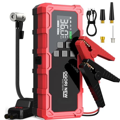 OGORI New Arrancador de baterias de carro 6000A, compressor de ar portátil 150 PSI, iniciador de carro 12 V (para 10 l de gasolina ou 8 L de diesel) com pinças de segurança inteligentes e luz LED