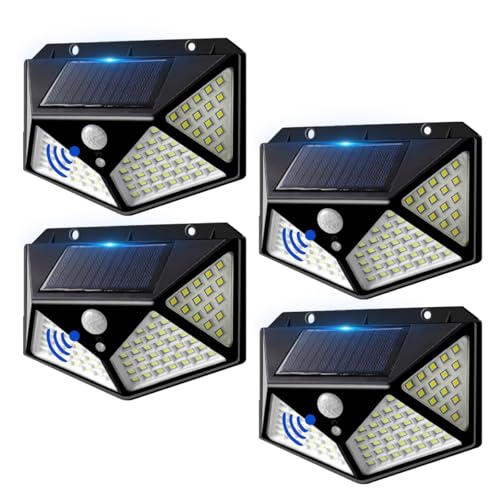 EXTRASTAR Luz solar exterior para exteriores, 100 LEDs, 3 modos, impermeável, com sensor de movimento de 270º, luz branca fria 6500 K, para terraço, varanda, corredor, jardim, 4 unidades