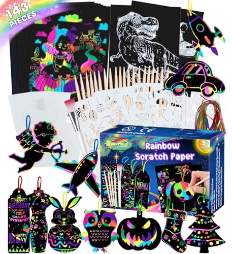 Smarkids 143 Folhas de arranhar cores com lápis de madeira, presente criativo kit de artesanato de papel de arte para crianças