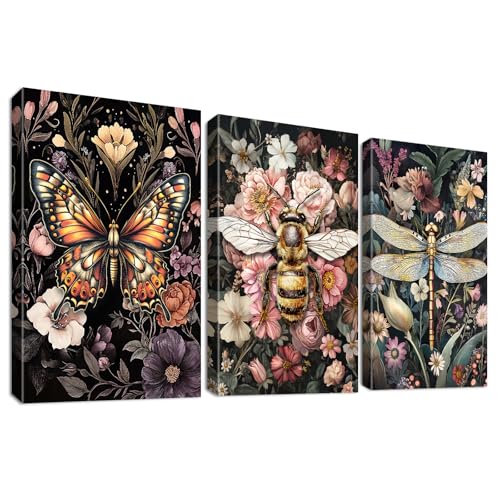 3 unidades flores libelinha verde escuro moldura de madeira quadro moderno borboleta gótica escuro colégio abelha tela decorativos pintura imagem vintage quadros decoração sala de estar quartos casa