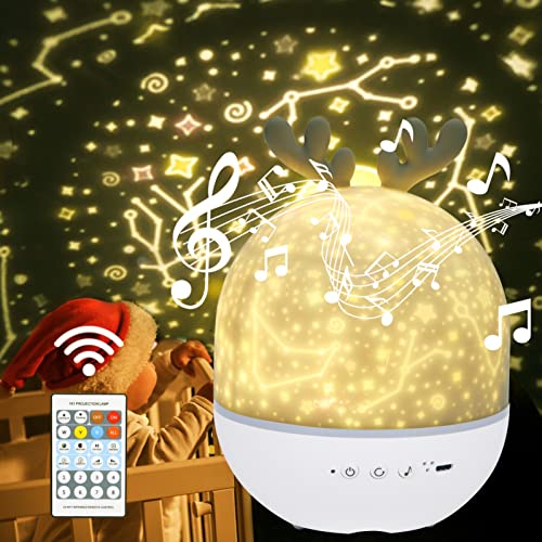 URAQT Candeeiro projetor estrelas, projetor bebé, 360° rotação música candeeiro com controlo remoto, luz noturna romântica para aniversários, Natal, Halloween