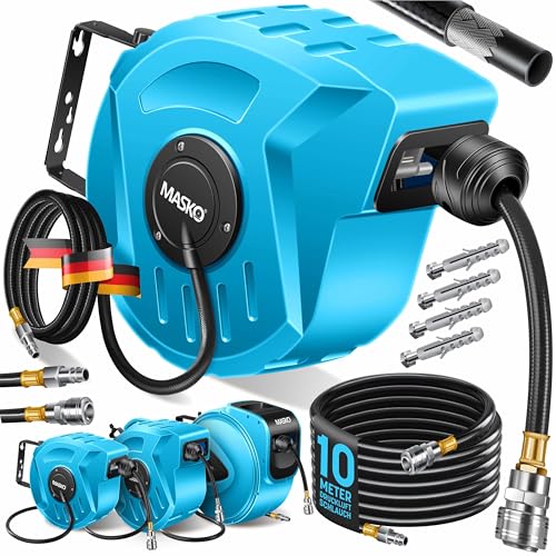 MASKO® Enrolador automático de mangueira de ar comprimido, conexão 1/4, enrolador de mangueiras, suporte de mangueira montado na parede, enrolador de mangueiras de ar comprimido, azul, 10 m