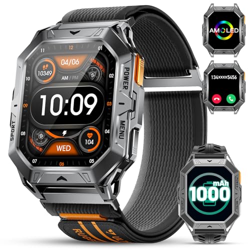 Militar Reloj Inteligente Hombre, 2,13'' Amoled Grande Pantalla/1000 mAh Batería,5ATM Impermeable Reloj de Fitness con 70 Modos Seportivos,Monitor de Sueño/Frecuencia Cardíaca para Android iOS