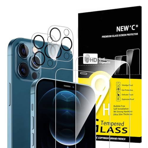 NEW'C 4 pacotes, 2 x protetor de ecrã para iPhone 12 Pro e 2 x protetor de ecrã protetor de lente de câmera, vidro temperado - anti-riscos, ultra resistente - vidro dureza 9H