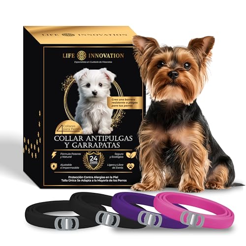 Conjunto de 4 coleiras antiparasitas para cães, 24 meses de proteção contra pulgas, carrapatos e mosquitos - 100% natural, impermeável, ajustável para todos os tamanhos.