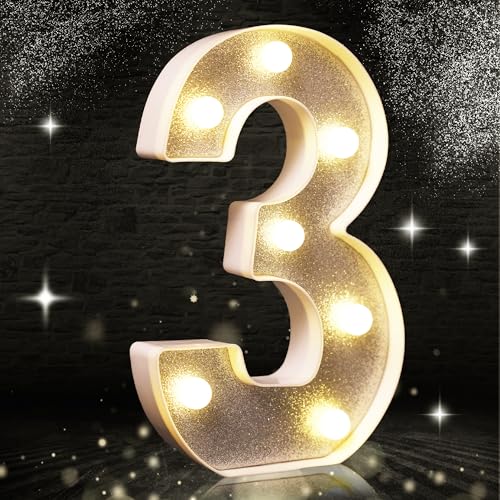 Número 3 - Luz LED prateada com purpurina, luzes com números roxos, adequadas para decoração de festas de aniversário, chá de bebé, fundo de casamento, decoração de casa, 20,3 cm, número 3