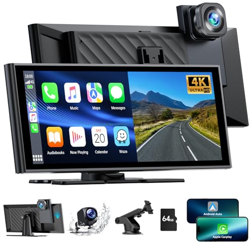 Computador portátil A-pple sem fios e Android automático, 9,26 polegadas ecrã carro com Dash CAM frontal e traseira 4K + 1080P, carro play rádio recetor com Mirror Link/Bluetooth 5.0/SIRI/Go0glele.