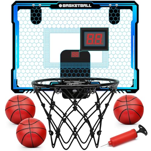 Yimore Cesta de basquetebol infantil, mini cesta de basquetebol com pontuação automática, cesta de basquetebol interior com luzes LED de 7 cores, conjunto de brinquedos desportivos para crianças