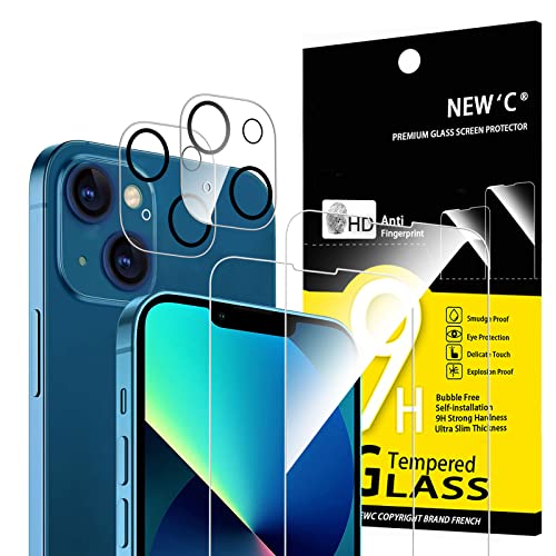 NEW'C 4 pacotes, 2 x protetor de ecrã para iPhone 13 (6,1 polegadas) e 2 x protetor de câmara traseira, anti-riscos, sem bolhas de ar, ultra resistente, dureza 9H Glass