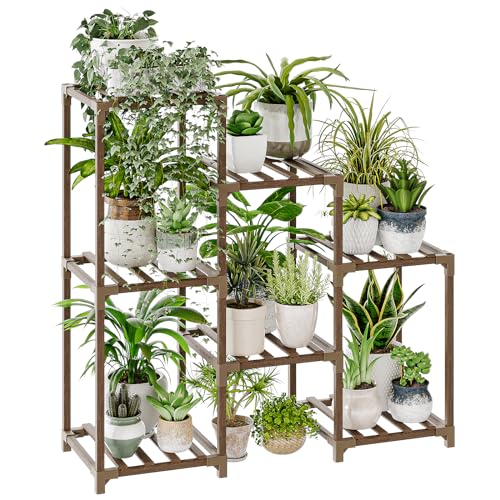 Suportes para plantas de interior, prateleira escalonada de madeira para plantas ao ar livre para várias plantas, 3 pneus, 7 escadas, suporte para plantas, mesa para janela, jardim, varanda,