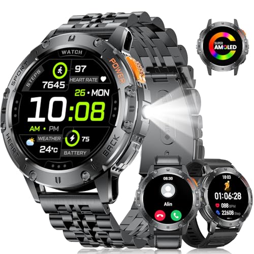 Relógio inteligente para homem com 3 correias, 600 mAh bateria longa duração, chamada, impermeável IP68, 1,43 '' AMOLED ecrã, 120 modos desportivos frequência cardíaca Android iOS Smartwatch