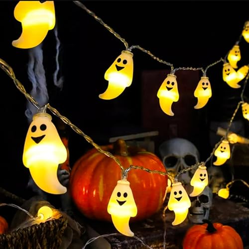 XVZ Guirlanda de luzes de Halloween, 3 m 20 LED fantasma de Halloween, com temporizador e funcionamento a pilhas, decoração de Halloween outono ação de graças - fantasma branco