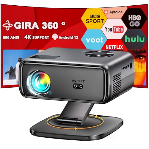 Projetor Android 12 e gira 360 °: projetor portátil 4K suporte com WiFi 6 e porta WAN, 25000 lúmens, Bluetooth 5.2, compatível com PS5, USB e telemóvel | cinema em casa e projetor de vídeo exterior