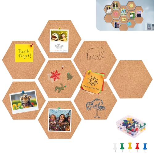 Pizsieat 8 peças cortiça parede auto-adesiva, 20 x 17,5 cm quadro de cortiça hexagonal placa de madeira com tachas para pendurar fotos, decoração de casa e artigos de escritório (6 mm)