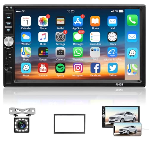 Rádio carro 2 DIN Bluetooth estéreo para automóvel com 7 polegadas ecrã tátil, leitor universal de carro com câmara de visão traseira, compatível com MirrorLink/rádio FM/USB/AUX/TF/SWC