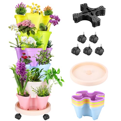WADEO Vasos de morangos ultra resistentes, vaso tridimensional, 32 x 12 x 32 cm por vaso, vaso empilhável de várias camadas, vaso de plástico para varanda, jardim, interior e exterior (vistoso)
