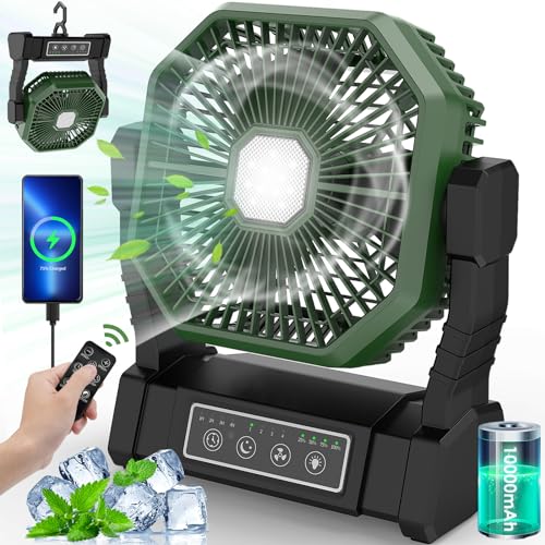 BIBURY Camping ventilador com luz LED, recarregável para tenda de campismo ao ar livre com gancho e remoto, ventilador de secretária USB potente de 4 velocidades para pesca, piquenique (verde e preto)