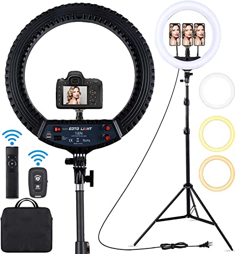 Anel de luz com tripé de 18", Ring Light LED com controlo remoto Bluetooth para telemóvel Selfie maquilhagem fotografia Youtube Tik Tok Live