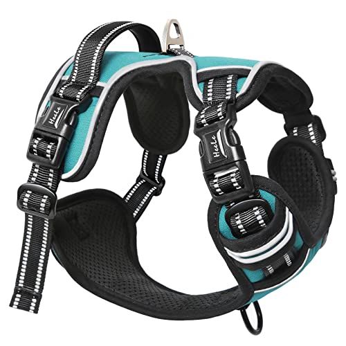HEELE Arnês para cão médio arnês para cão colete refletor com 3 fivelas de libertação rápida arnês ajustável para cão, alça acolchoada, conforto, libertação do pescoço, turquesa, L