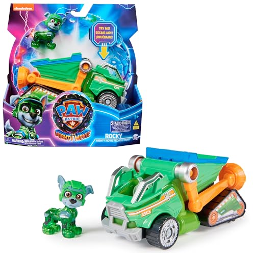 Paw Patrol Patrulha Canina - figura Rocky e camião de reciclagem com luzes e sons da superpelícula - 6067508 - brinquedos crianças 3 anos - presente criança 3 anos