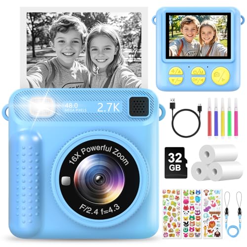 LUVTOY Câmara fotos infantis instantâneas, 2,4 polegadas câmara instantânea crianças com cartão de 32 GB e papel de impressão, 1080 P câmara de fotos infantil presentes de brinquedo para crianças de 3