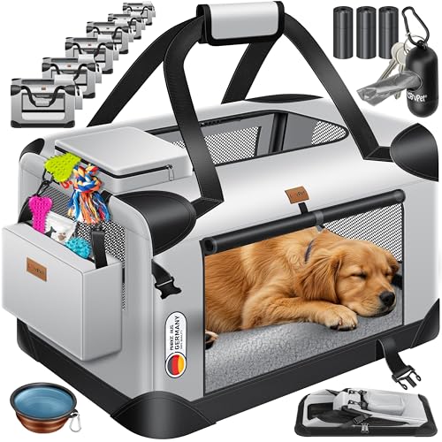 Lovpet® Transporte para cães, dobrável, inclui tigela para alimentos, tamanho L: 70 x 52 x 52 cm, caixa de transporte para animais de estimação, cães e gatos, cinzento claro