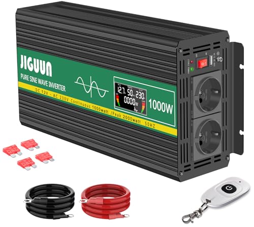 JIGUUN 1000 W Inversor 12 V 220 V conversor de onda pura com 2 entradas UE e um USB, controlo remoto sem fios e indicador LCD, potência máxima de 2000 W para RV, viagens, emergências