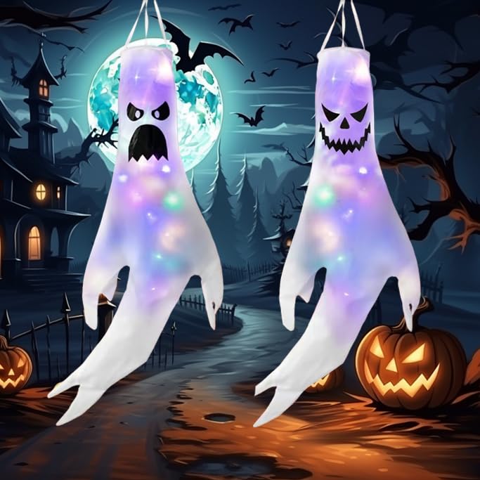 AebeChun 2 peças decoração de Halloween fantasma mangas de vento com luzes coloridas, decoração pendente, decoração de Halloween para festa em casa