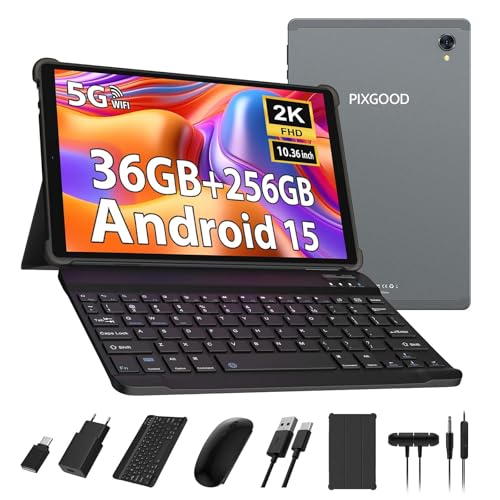 PIXGOOD 2K Tablet de 10,4 polegadas, Android 15, 36 GB RAM+256 GB ROM (2 TB TF), Octa-Core, INELL 2000 * 1200, 5G WiFi, 8000 mAh, 13 MP+8 MP, GPS, tablet com teclado (cinzento)