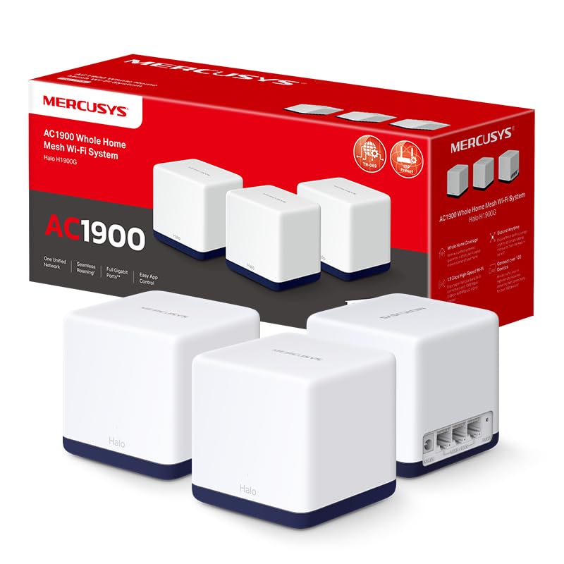 Mercusys HALO H1900G - AC1900 Mesh Wi-Fi, banda dupla, cobertura até 550 m², 3 × Gigabit porta por unidade, MU-MIMO, Beamforming, controlo parental, Smart Connect, 3-Pack