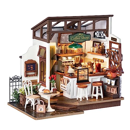 Rolife Casa de bonecas casa em miniatura com acessórios feitos à mão kits modelo para adultos para construir brinquedos Natal presentes de aniversário para meninas e mulheres (NO.17 café)