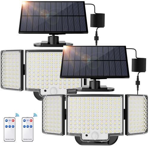 SIGRILL Luz solar exterior 212 LED, holofotes LED exterior solares sensor de movimento, 2200 mAh luzes solares IP65 impermeável, candeeiro solar com comando à distância (2 pacotes - branco frio)