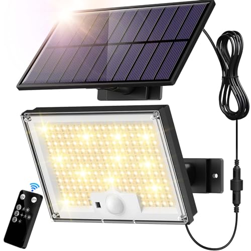 SIGRILL Focos solares exteriores, 172 LED luz solar exterior com sensor de movimento de 3 modos, IP65 candeeiro solar com comando à distância, 3500 K luz solar exterior jardim garagens