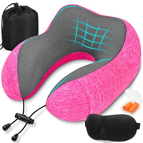 SOMLAW Almofada de viagem para pescoço, Comfy almofada avião viscoelástico de espuma memória, almofada pescoço viagem com máscara de olhos, tampões e saco, ideal para avião, comboio e carro (rosa)