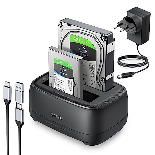 ORICO Estação de acoplamento de disco rígido USB de 3,2 gerações 1 com offline lonação dupla baía bases de conexão para SATA SSD/HDD de 2,5" e 3,5", até 40 TB com UASP (DD28C3-C)