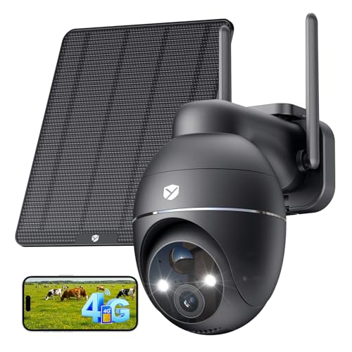 YESKANO 4G LTE Câmara de vigilância solar exterior com cartão SIM, 2K HD, PTZ 355°/110°, deteção de pessoas PIR, visão noturna colorida, voz bi-direcional, armazenamento seguro, apenas 4G, sem WiFi