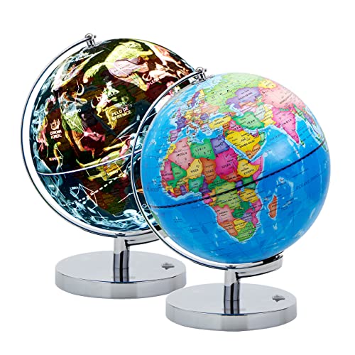 Exerz Globo terrestre iluminado 23 cm, mapa em espanhol, com suporte de metal, mapa político e constelações estares (modo noturno), lâmpada LED sem cabo