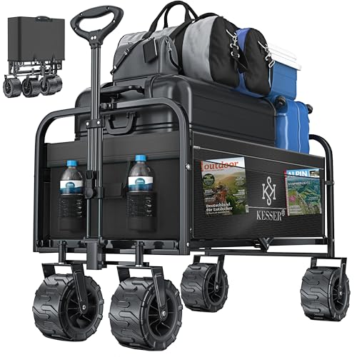 KESSER® Carrinho dobrável com rodas largas, transporte de mão | 2 sacos de rede | dobrável | pneus de borracha maciça | carrinho de jardim preto/cinzento
