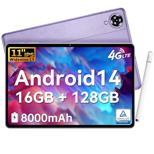 OUKITEL OT11 Tablet de 11 polegadas, Android 14, 8000 mAh, 16 GB RAM + 128 GB ROM (1TB TF), 1280x800 FHD | Wi-Fi 5G, cartão SIM 4G, BT5 | 5MP + 13MP | GMS | Tablet com caneta, V ioleta