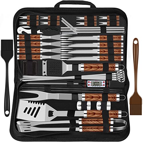 Grilliance Conjunto de utensílios para churrasco de 38 peças, acessórios de grelha de aço inoxidável para homens, kit de ferramentas profissionais para churrasco com bolsa de transporte, castanho