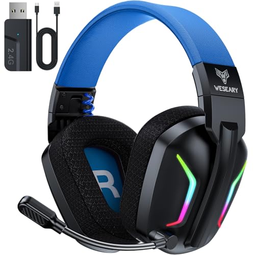 WESEARY WG1 Capacetes Gaming sem fios para PS5, PS4, PC, Switch, som estéreo auriculares Gaming com microfone, capacetes com luz LED, duração 50 Hr +