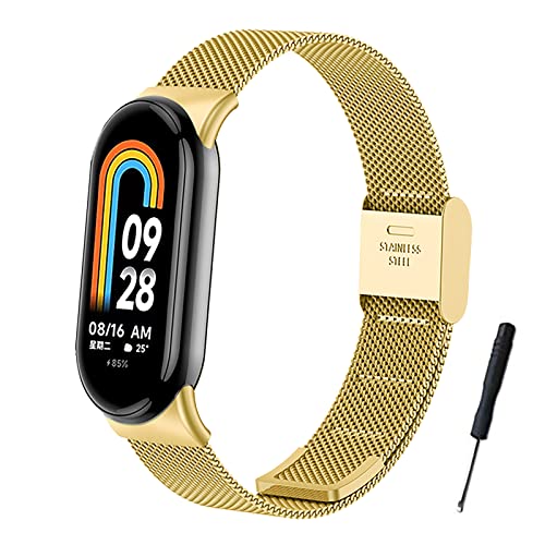 BDIG Pulseira compatível com Xiaomi Mi Band 9/Xiaomi Mi Band 8, pulseira de substituição em aço inoxidável com fivela ajustável para Mi Smart Band 8 ouro (relógio não incluído)