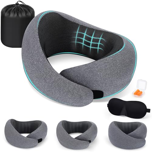 Zepphi Almofada de viagem para pescoço, almofada cervical viagem 100% espuma memória, almofada pescoço com máscara de olhos 3D, tampas e saco, ideal para escritório avião comboio carro escritório