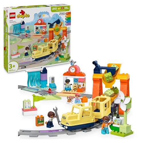 LEGO Duplo Minha Cidade Grande Trem Comunitário Interativo - Brinquedos educativos para meninos e meninas de 3 anos - Trem de brinquedo Push&Go com luzes e som, 16 vias e 4 figuras 10428