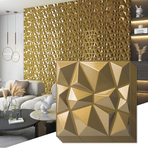 Art3d Painéis de design de diamante 3D para decoração de interiores, sala de estar, fundo de parede da TV, quarto, configuração de jogos, 30 x 30 cm, dourado, pacote de 33