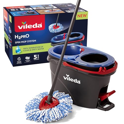 Vileda H2PrO Spin Sistema de roupa, câmara dupla de separação de água, escorrido sem esforço, limpeza com microfibra, mãos livres, design ergonómico