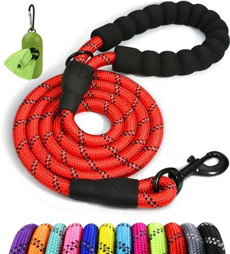 Taglory Trela de cão, trela forte de cão para cães grandes com cabo acolchoado macio e fios refletores, 1,8 m x 1,2 cm, vermelho