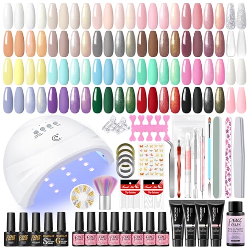 PEACECOLOR Kit de unhas semipermanentes com lâmpada UV/LED, 20 cores esmalte semipermanente 4 cores Poligel, base e top Coat kit unhas de gel para iniciantes presente