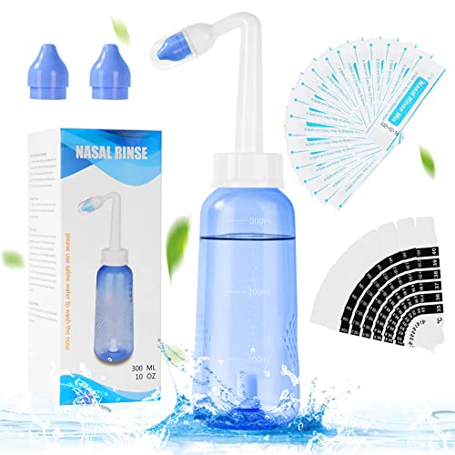 URAQT Lavagem nasal garrafa vazia, 300 ml irrigador nasal com 2 bicos, Neti Pot com 20 x sal lavagem nasal e 10 x termómetro autocolante, limpador nasal para alívio congestão nasal e limpeza nasal